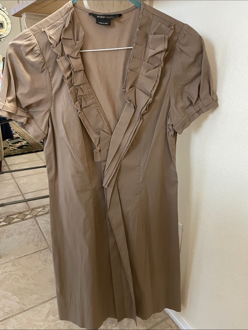 BCBGMaxAzria Taupe Ruffle-Trim Midi Dress